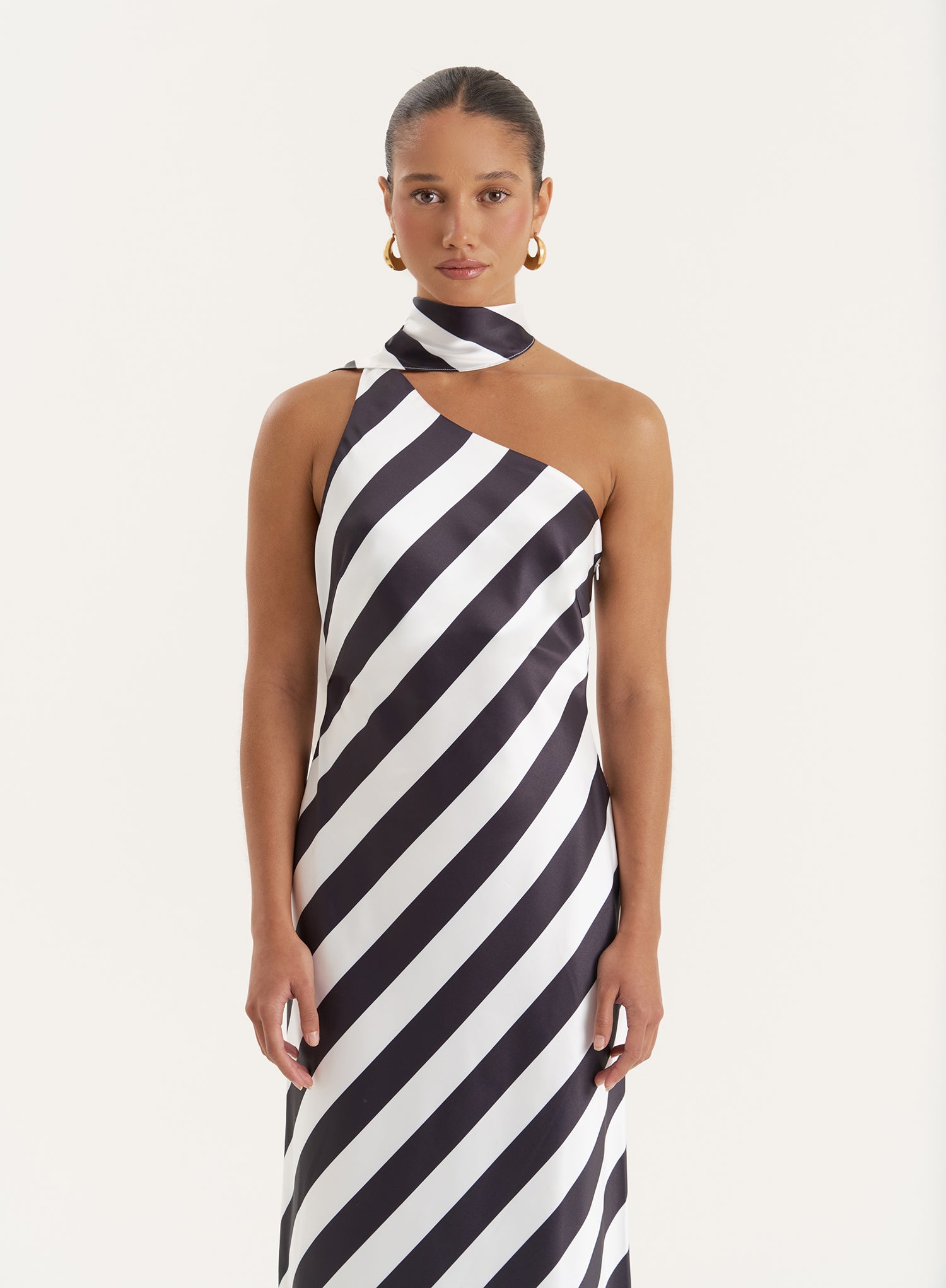Stripe Print Satin One Shoulder Maxi Dress